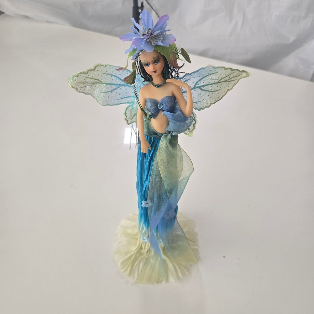 Curiosity Shop Artisan Fairy Figurine Blue Green Wings Flower Headpiece 15 inch